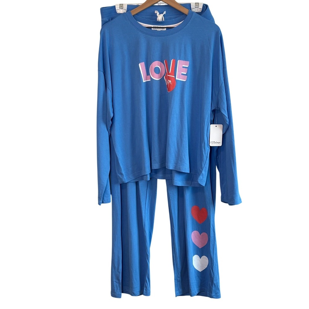 NEW PJ Salvage Pajama Set Bright Blue Womens XL Love Heart Graphic Long Sleeve